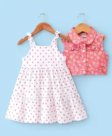 Babyhug Cotton Jersey Woven Sleeveless Frock with Sleeveless Jacket Floral Print - White & Pink