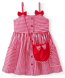 Babyhug Rayon Woven Sleeveless Striped Frock with Sling Bag & Bow Applique - Red