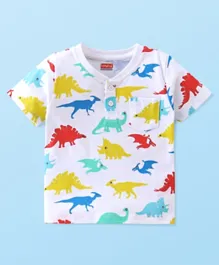 Babyhug Cotton Knit Half Sleeves  T-Shirt Dino Print- White