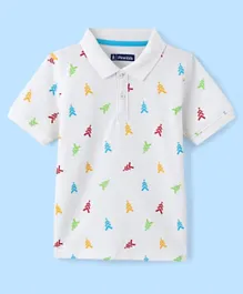 Pine Kids Cotton Blend Knit Half Sleeves Polo T-Shirt Logo Print - Snow White