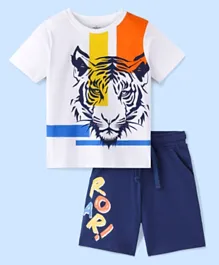 Ollington St. 100% Cotton Knit Half Sleeves T-Shirt & Shorts Set Tiger Print - White & Navy Blue