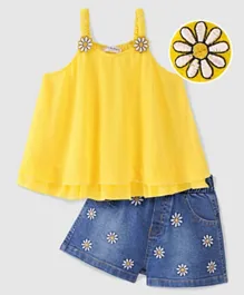 Ollington St. Georgette Sleeveless Flared Layered Top & Denim Shorts Set With Floral Embroidery & Applique - Yellow & Indigo