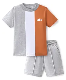 Primo Gino Cotton Knit Half Sleeves Cut & Sew T-Shirt & Shorts Shark Print - Grey & Brown