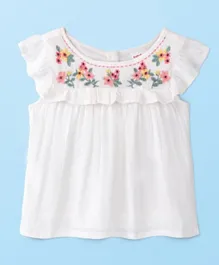 Babyhug 100% Rayon Woven Crinkle Crepe Frill Sleeves Woven Top With Floral Embroidery - White