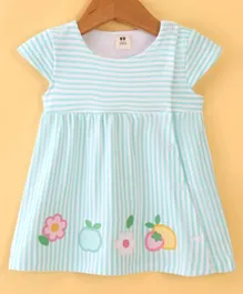 ToffyHouse Cotton Knit Half Sleeves Frocks Striped with Floral & Fruit Patch - Sea Green