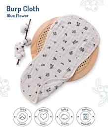 Blue Flower Printed Burp Cloth - Soft Absorbent Cotton Muslin, Kidney-Shaped for Newborns