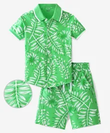 Ollington St. 100% Cotton Knit Half Sleeves Co-Ord  T-Shirt & Shorts Set Leafy print - Green
