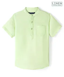 Pine Kids Cotton Linen Half Sleeves Solid Colour Mandarin Neck Shirt - Lime