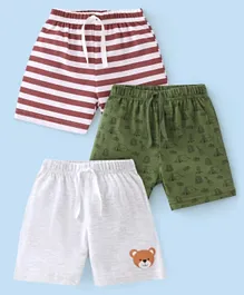 Babyhug Cotton Knit Striped and Bear Printed Shorts Pack of 3 - Green White & Brown
