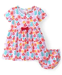 Babyhug Cotton Jersey Knit Half Sleeves Frock with Bloomer Floral Print & Bow Applique - Multi Color