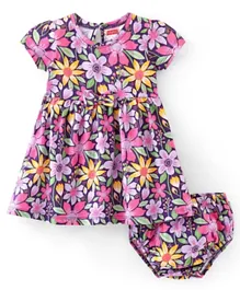 Babyhug Cotton Jersey Knit Half Sleeves Frock with Bloomer Floral Print - Purple