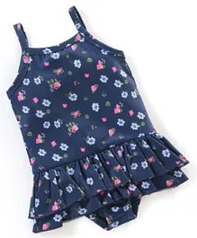Babyhug V Cut Sleeveless Frock Style Swimsuit Floral Print - Navy Blue