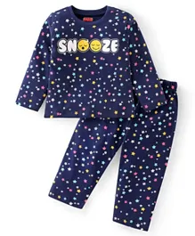 Babyhug Cotton Knit Full Sleeves Night Suit With Text Print - Blue