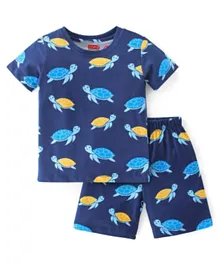 Babyhug Cotton Knit Short Sleeves Night Suit Turtle Print- Navy Blue