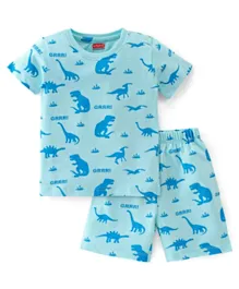 Babyhug Cotton Knit Half Sleeves Night Suit Dino & Text Print- Blue