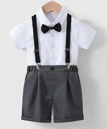 Kookie Kids Shirt with Bow and Pants with  Suspender Set - White & Grey