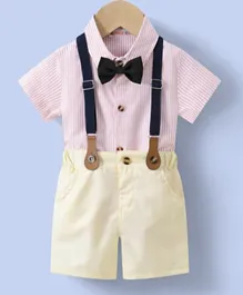 Kookie Kids Shirt with Bow and Pants with  Suspender Set - Pink & Pale Yellow