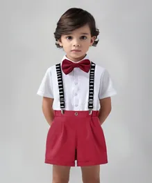 Kookie Kids Solid Shirt & Short Bottom Set With Moustache Print Suspenders & Bow Tie - White & Red