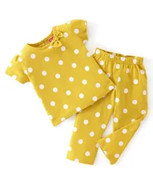 Babyhug Single Jersey Cotton Knit Short Sleeves Polka Dots Print Night Suit with Bow Applique - Yellow