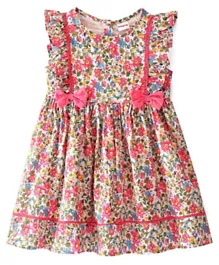 Babyhug Viscose Frill Sleeves Frock With Cotton Lining Bow Applique & Floral Print - Pink & White