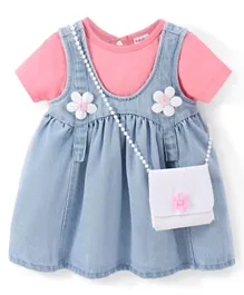 Babyhug 100% Cotton Denim Woven Frock & Knit Half Sleeves Inner T-Shirt with Sling Bag - Blue & Pink