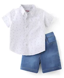 بيبي هاغ قميص قطني محبوك بأكمام نصفية وشورت بطبعة خطوط - أبيض وأزرق