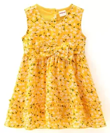 Babyhug Rayon Woven Sleeveless Frock Floral Print Bow Applique- Yellow