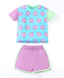 SAPS Floral Graphic T-shirt & Shorts Set - Blue & Purple