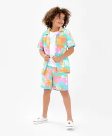 Primo Gino 100% Viscose Half Sleeves Resort Collar Photographic Print Shirt & Shorts Set -Multi Color