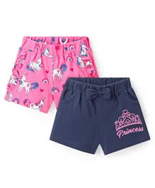 Doodle Poodle Cotton Knit Above Knee Length Ruffled & Bow Detailed Shorts Unicorn & Text Print Pack of 2 - Pink & Navy Blue