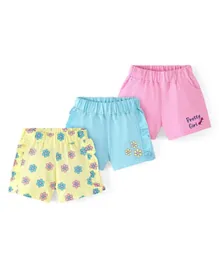Doodle Poodle 100% Cotton Knit Above Knee Length Ruffled Shorts With Floral Print Pack Of 3 - Pink Blue & Yellow