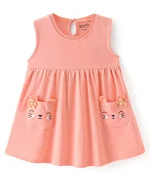 Bonfino 100% Cotton Knit Sleeveless Frock with Kitty Printed Patch Pockets - Pink