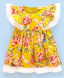 Babyhug 100% Viscose Woven Half Sleeves Frock with Floral Print - Yellow