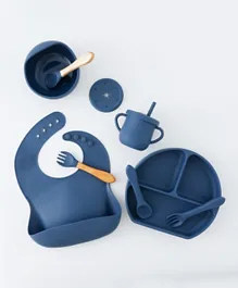 9-Piece Feeding Set - Dark Blue, Silicone Suction Plate, Cup, Bib for Babies 6M+