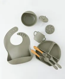 Olive Green Silicone Feeding Set 9Pieces, Suction Base, Divided Plate, Bib, Cup - 6M+