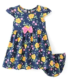 Babyhug 100% Cotton Single Jersey Knit Cap Sleeves Frocks With Bloomer Floral Print - Navy Blue & Yellow