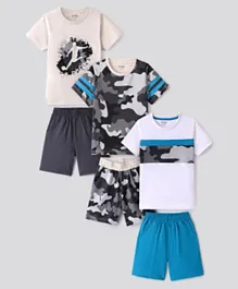 Primo Gino 100% Cotton Short Sleeves T-Shirts & Shorts/Co-ord Set Pack of 3 Football & Camouflage Print - Blue/White/Grey Melange