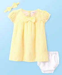 Babyhug Cotton Blend Woven Half Sleeves Striped Frock With Bloomer & Headband - Yellow