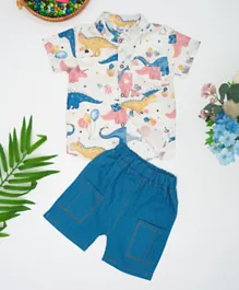 Babyqlo Cotton Blend Dinosaur All Over Printed Short Sleeves Shirt & Denim Shorts Set - Blue & White