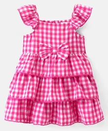 Babyhug Rayon Woven Knit Cap Sleeves Checkered Frock - Pink