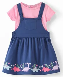 Babyhug Single Jersey Knit Frock with Half Sleeves Polka Dots Printed Inner T-Shirt Dino Embroidery - Navy Blue & Pink