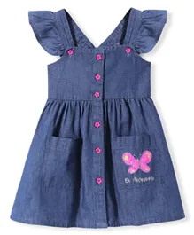 Babyhug Denim Woven Sleeveless Frock Sequined Butterfly Design - Blue