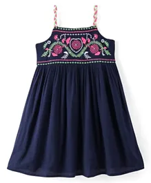 Babyhug Rayon Woven Sleeveless Frock With Floral Embroidery - Navy Blue