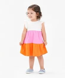 Bonfino 100% Cotton Sleeveless Solid Color Cut and Sew Design Frock with Bloomer - Pink White & Orange