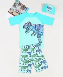 SAPS T-Rexes Printed Quick Drying Two Piece Swimsuit - Cyan