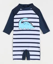 SAPS Dinosaur Graphic & Striped Quick Drying Legged Swimsuit - White/Blue
