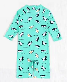 SAPS All Over Penguins Printed Quick Drying Legged Swimsuit - Cyan