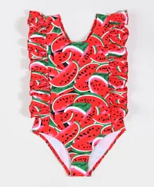 SAPS All Over Watermelons Printed Quick Drying Ruffled V Cut Swimsuit - Red