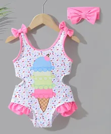 SAPS Frilled Ice Cream Graphic Quick Dry V Cut Swimsuit - White & Pink