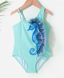 SAPS Ruffled Sea Horse Graphic Quick Dry V Cut Swimsuit - Blue